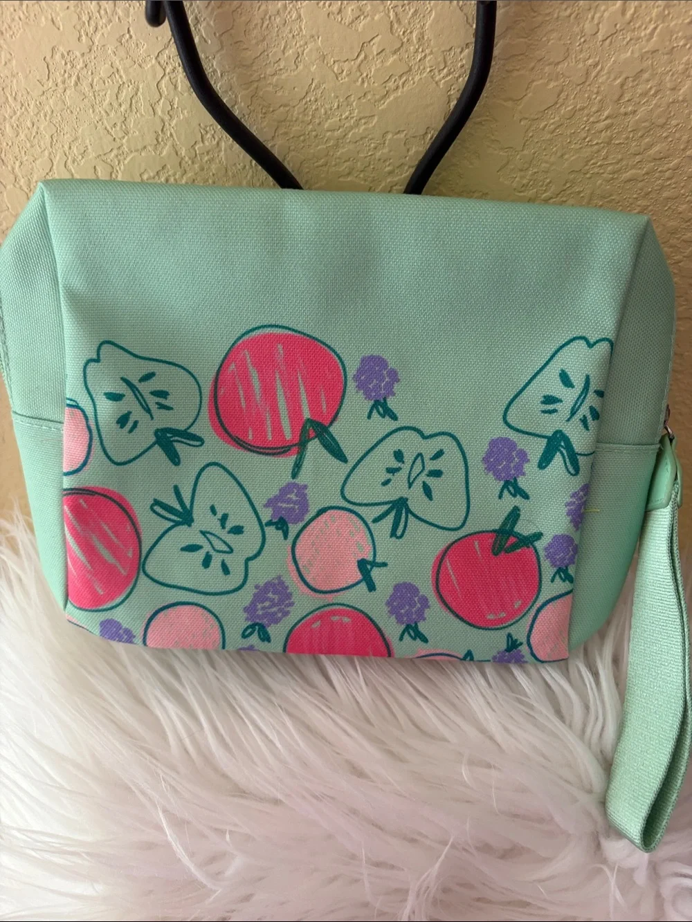 Clinique X Drawbrrtson Mint Green Strawberry Print Wristlet Cosmetic Pouch